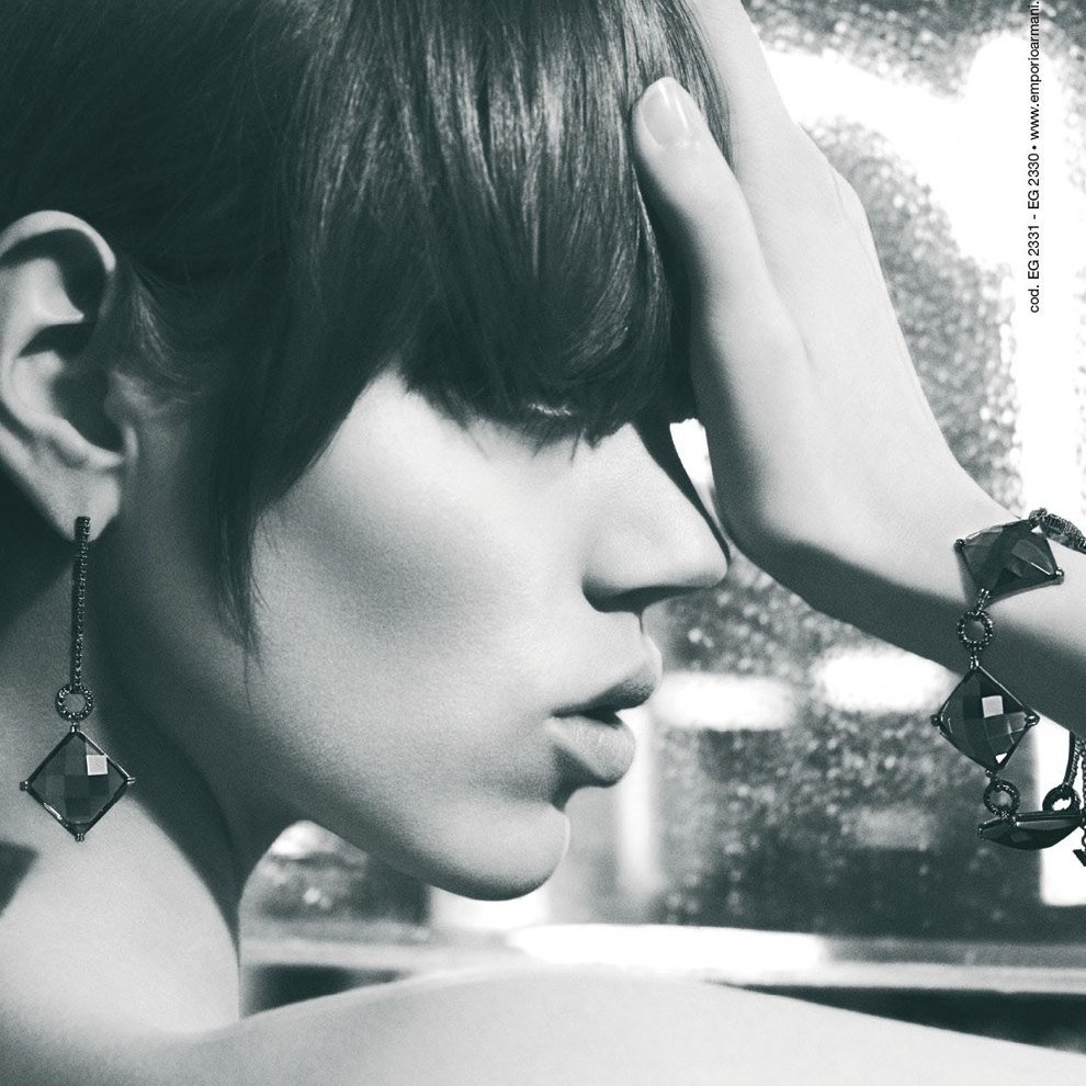 Emporio Armani jewelry campaign: drop earring and bracelet