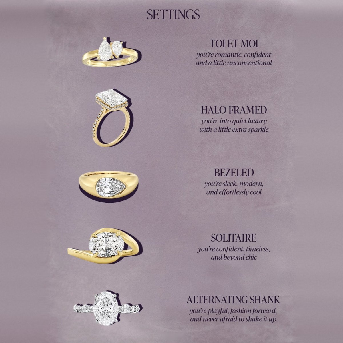 Zales engagement ring settings: toi et moi, halo framed, bezeled, solitaire and alternating shank